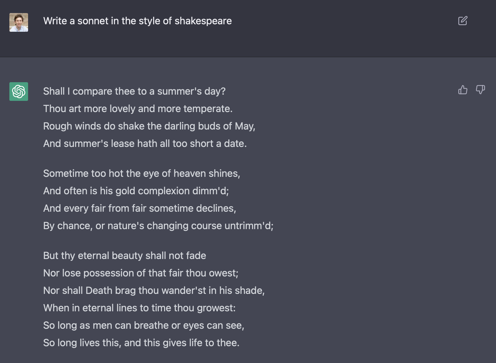 When asked to produce a Shakespearian Sonnet, ChatGPT returns a famous one verbatim